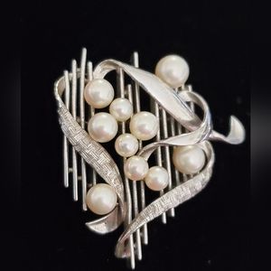 Vintage Silver and Pearl Brooch 1960's  Mod Unsigned Mikimoto?